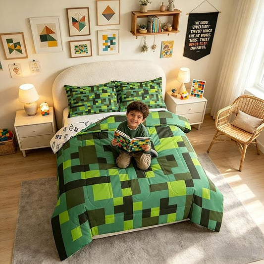 Pixel Grid Miners Comforter Set Full Size,Geometric Grid Patchwork Pixelated Kids Bedding Set,Cartoon Gamepad Video Games Quilt Comforter,Cyan Green Duvet Insert,2 Pillowcases