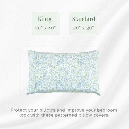 Elegant Comfort Ultra Soft Set of 2 Floral Print Pillowcases - 1500 Premium Hotel Quality Microfiber, Soft and Smooth Envelope Closure 2-Piece Pillow Covers - King, Green Anita
