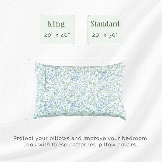 Elegant Comfort Ultra Soft Set of 2 Floral Print Pillowcases - 1500 Premium Hotel Quality Microfiber, Soft and Smooth Envelope Closure 2-Piece Pillow Covers - King, Green Anita