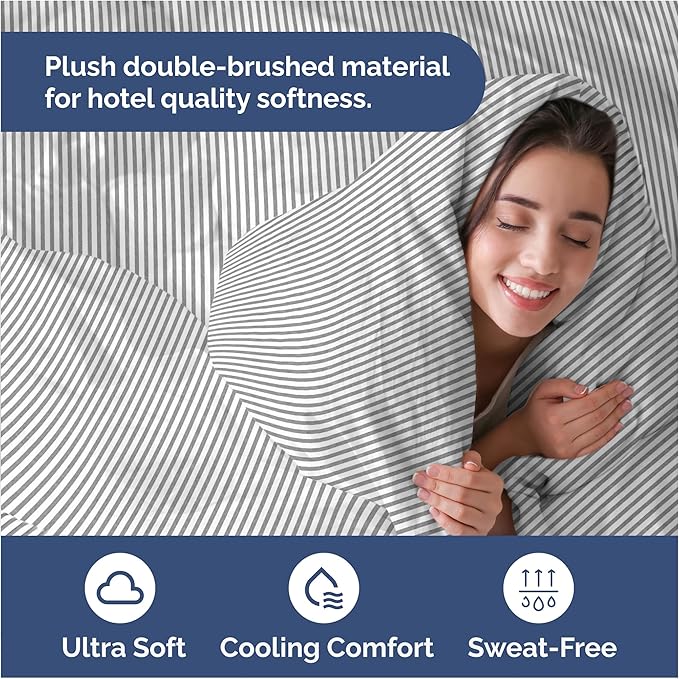 Duvet Cover Queen Size Set - Extra Soft Queen Duvet Cover 90" x 90" with 2 Pillow Shams - Hotel Luxury, Easy Care & Fade Free with Zipper Closures & Ties - Comfy, Cozy and Breathable (Grey Stripes)