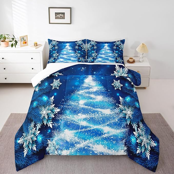 Feelyou Blue Christmas Comforter Set Queen Size Christmas Tree Bedding Set Glitter Snowflake Comforter Microfiber Kids Adults Holiday Winter Duvet Quilt Xmas Room Decor