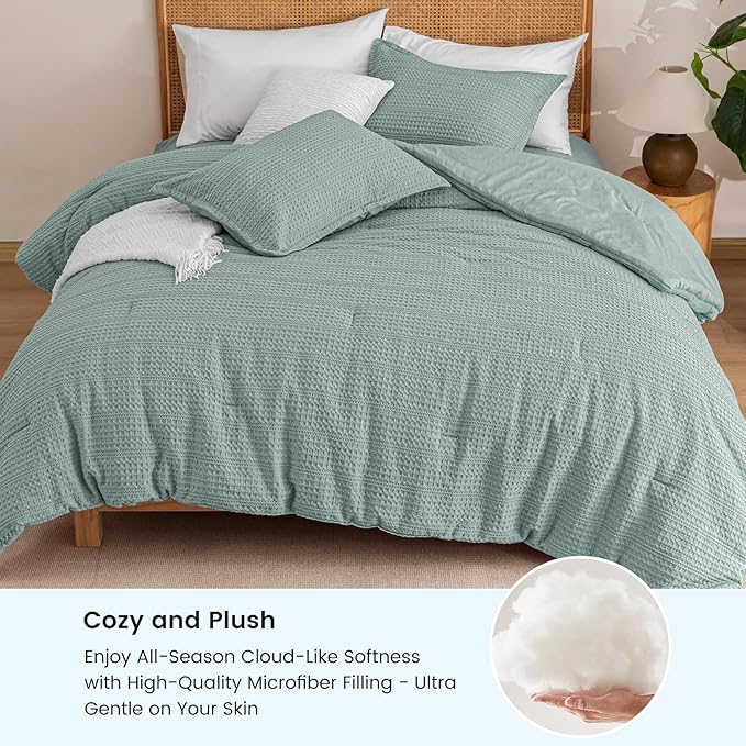PHF Soft Waffle Comforter Set Twin Size- Comfy Breathable Waffle Weave Comforter with 1 Pillow Shams, 2 Pieces Less Snagging Lightweight Textured Bedding Set for All Season, Dusty Blue