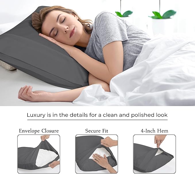 Royale Linens Standard Pillowcase Set of 2 - Bed Pillow Cover - 20"x26" - Grey Pillowcases - 1800 Brushed Microfiber, Wrinkle & Fade Resistant - Soft & Cozy- Standard Size Pillow Case (STD, Grey)