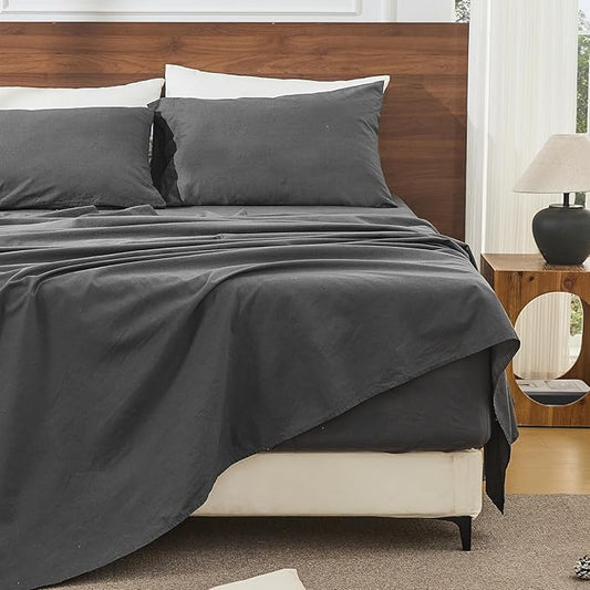 Bedlifes 100% French Linen Sheets Queen Size 18-24”Extra Deep Pocket 4-Piece Set Breathable & Moisture-Wicking,Soft & Durable Sheets for Thick Mattresses(Dark Grey)