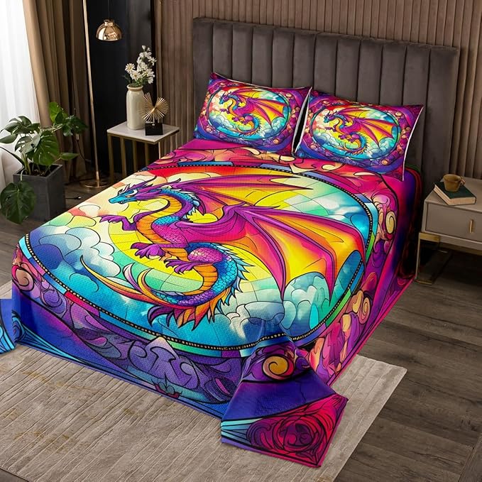 Flying Dragon Kids Bedspread Twin Size,Western Wing Dragon Cloud Gothic Coverlet Set,Boys Girls Room Decor,Geometric Abstract Modern Quilted Coverlet,Colorful Vintage Bedding Quilt,1 Pillowcase