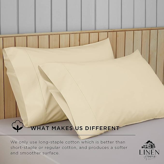 Linen Home 600 Thread Count King Pillowcase Set | 100% Long-Staple Cotton Pillow Cases | Soft & Smooth Luxury Satin Set of 2 Pillowcases | 4 Inch Z Hem | Ivory