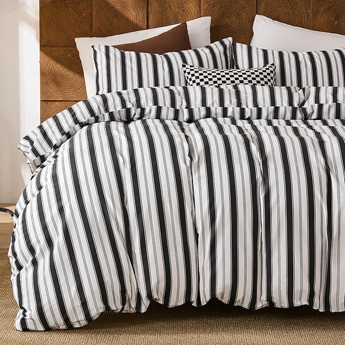 Merryword 100% Cotton Duvet Cover Set King Size - Black and White Striped Duvet Cover Set, Modern Minimalist Pinstripe Comforter Cover with Pillowcases, Soft Breathable Bedding Set for All Seasons