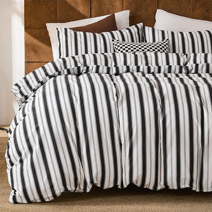Merryword 100% Cotton Duvet Cover Set Queen Size - Black and White Striped Duvet Cover Set, Modern Minimalist Pinstripe Comforter Cover with Pillowcases, Soft Breathable Bedding Set for All Seasons