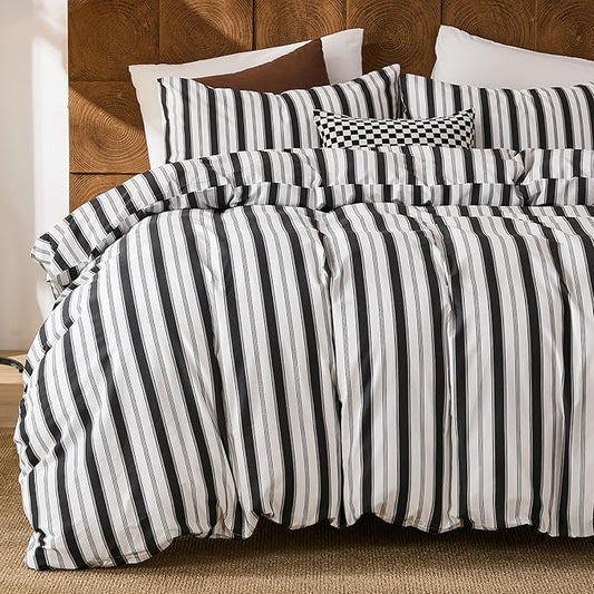 Merryword 100% Cotton Duvet Cover Set Queen Size - Black and White Striped Duvet Cover Set, Modern Minimalist Pinstripe Comforter Cover with Pillowcases, Soft Breathable Bedding Set for All Seasons