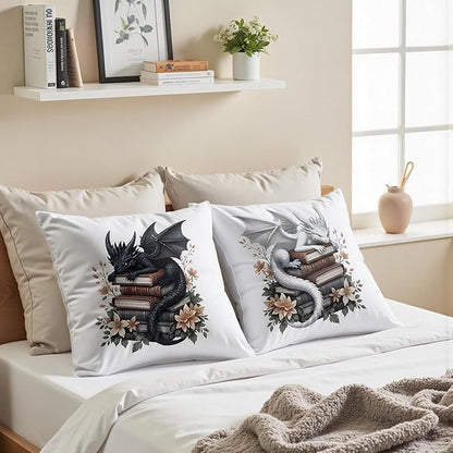 Vintage Magical Black White Dragon Reading Book Decorative Throw Pillow Covers 18x18 Set of 2, Fantasy Room Decor for Kids, Gamers, and Bookworms,Reading Nook Decor, Gifts for Bookworm Readers