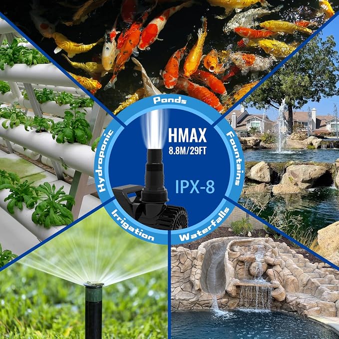 11800 GPH 850W IPX8 Large Submersible Pond Waterfall Pump | 32.8FT long power cord, smart quiet fountain pump for Koi fish, garden yard patio duck outdoor, with barrier filter bag