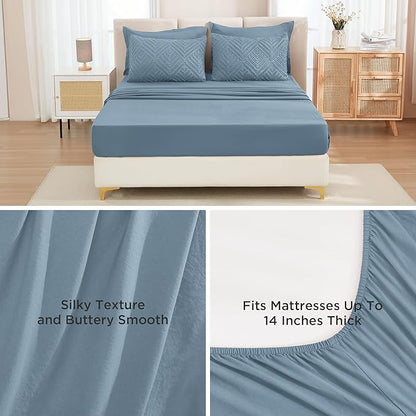 Andency Grayish Blue Super King Size Comforter Set with Sheets - 7 Pieces Bed in a Bag Boho Tufted Bedding Sets Fluffy Lightweight Super King Bed Set with Comforter, Sheets, Pillowcases & Shams