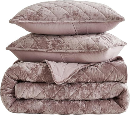 Chezmoi Collection Lux Dusty Pink Velvet Quilt Oversized King Set, 3-Piece Plush Distressed Velvet Bedding All Season Lightweight Comforter Brushed Microfiber Reverse with Diamond Stitch Quilting