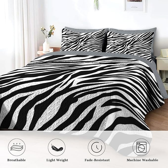 Quilt Set King Size, Zebra Stripe Animal 3 Pcs Soft Bed Cover Bedding Set for Kids and Adults, Black White Lightweight Bedspread Coverlet with Pillow Sham for All Season