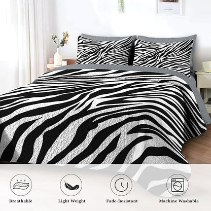 Quilt Set Full/Queen Size, Zebra Stripe Animal 3 Pcs Soft Bed Cover Bedding Set for Kids and Adults, Black White Lightweight Bedspread Coverlet with Pillow Sham for All Season