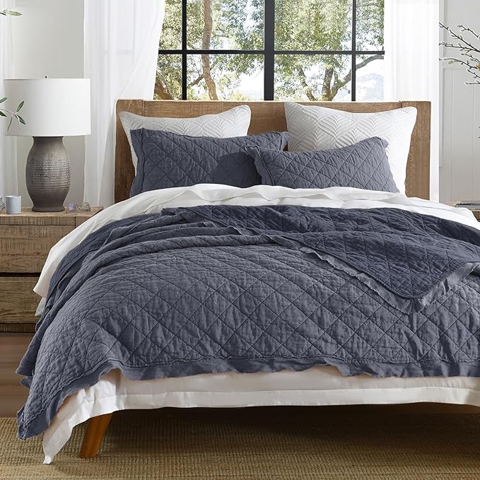 HORIMOTE HOME 100% Linen Front/100% Cotton Back Quilt Set Twin Size, Steel Blue Pre-Washed Flaxen Bedspread Coverlet Set, Diamond Stitch Cotton Linen Bedding Set 2-Piece for All Seasons