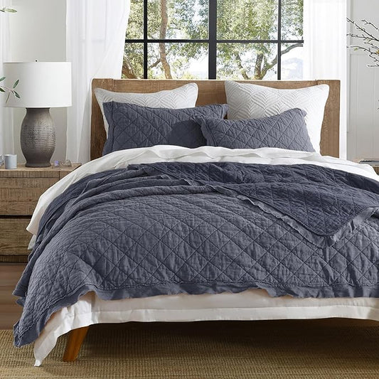 HORIMOTE HOME 100% Linen Front/100% Cotton Back Quilt Set Twin Size, Steel Blue Pre-Washed Flaxen Bedspread Coverlet Set, Diamond Stitch Cotton Linen Bedding Set 2-Piece for All Seasons