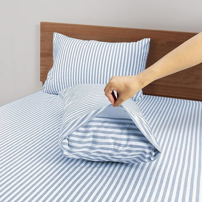 Mejoroom Striped Queen Size Sheet Set - Hotel Luxury 1800 Bedding Sheets & Pillowcases - Deep Pocket Fitted Sheet, Soft, Breathable, Wrinkle & Fade Resistant - 4 Piece (Blue Stripe)