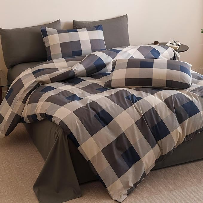 Cottonight Checkered Blue Comforter Set Twin Gingham Grid Bedding Set Navy and Khaki Grid Comforter Fluffy Soft Bedding Set Kids Teens Twin Comforter with 2 Pillowcases