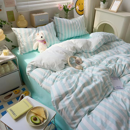 Sky Blue Striped Queen Duvet Cover Soft Boho Comforters Queen Size Cover Stripes Chic Aesthetic Farmhouse Duvet Cover Set with Zipper College Dorm Bedding Washed Microfiber Duvet Protector