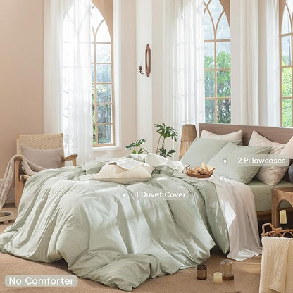 MooMee Striped Duvet Cover Set 100% Washed Cotton Linen Like Textured Breathable Durable Soft Comfy (Sage Green White Pinstripes, Oversized Queen 98"x98")