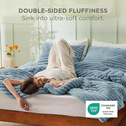 Bedsure Cal King Comforter Set - GentleSoft™ 3 Pieces Double-Side Fleece Fluffy Mineral Blue Comforter Set, Cozy Striped Room Decor Aesthetic, Luxury Cal King Bedding, 2 Pillowcases, 104x96 Inches