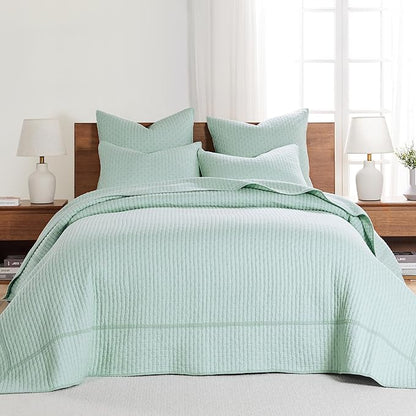 Levtex Home Cross Stitch Reversible Queen Bedspread Set (104x106in) with 2 Pillow Shams (26x20in) - Stitch Texture - Blue Haze - Cotton Queen Size Bedspread Set - Lightweight, Soft, Pre-Washed