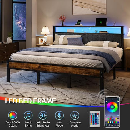 Liians King Size Bed Frame with LED Lights, Upholstered Headboard | Platform Bed with 2-Tier Storage Shelves, Charging Station, Noise Free, No Box Spring Needed, Easy Assemably