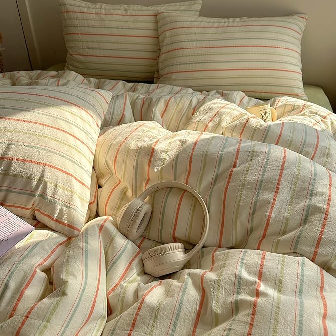 EAVD Vintage Colorful Striped Comforter Set Full Soft Cotton 3-Piece Retro Vertical Striped Bedding Set with 2 Pillowcases Boho Geometric Comforter Set for All-Season(Orange&Yellow&Green, Full)