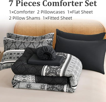 Boho Comforter Set Queen Size,7 Pieces Bohemian Comforter Bedding Set Bed in a Bag,Dark Grey Paisley Floral Comfortet and Sheet Set,Soft Gray Striped Bedding Sets for All Season