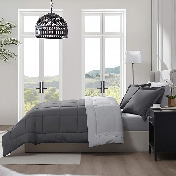 Nestl 7 Piece Full Comforter Set – Dark Grey Reversible Bed in a Bag – Complete Full Size Bedding Set with Sheets, Pillowcases and Shams