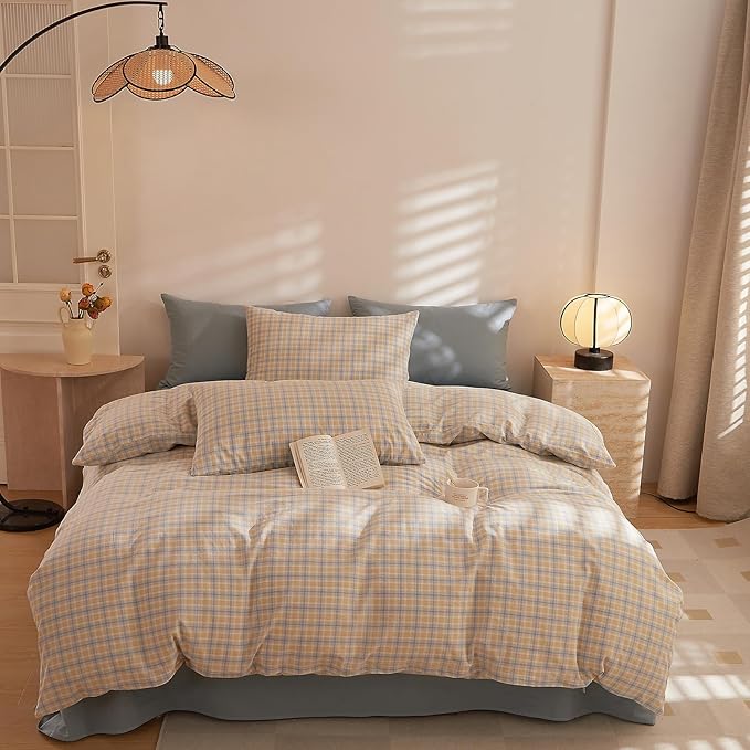 HighBuy Yellow Gingham Comforter Set Queen Size Plaid Comforter Queen Set Modern Checkered Grid Bedding Comforter Hotel Luxury Comfy Fluffy Bedding Sets for Men Teen,Easy Care