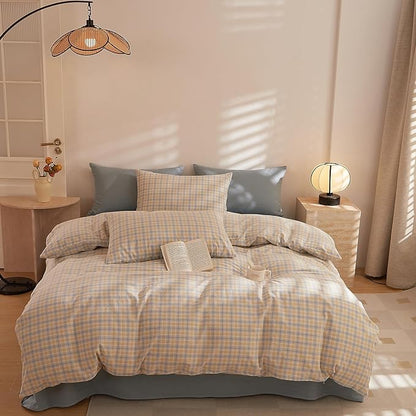 HighBuy Vintage Gingham Comforter King Size Yellow Blue Grid Bedding Comforter Set King with Sham Set 3 Piece Hotel Luxury Soft Checkered Comforter Set for King Bed,Cozy Fluffy Bedding Sets