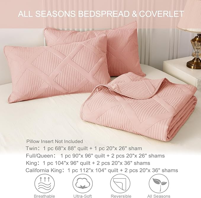 Exclusivo Mezcla King Quilt Set- Blush Pink Quilts Bedding Set with 2 Pillow Shams, Modern King Bedspread with Striped Pattern, Soft Lightweight Bedspreads Coverlets for All Seasons