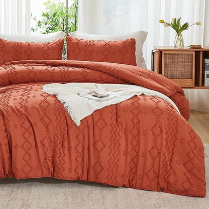 Andency Terracotta Tufted Fall Comforter Set Full(79x90Inch), 3 Pieces(1 Boho Comforter, 2 Pillowcases) Textured Farmhouse, Soft Microfiber Down Alternative Geometric Fall Bedding Set