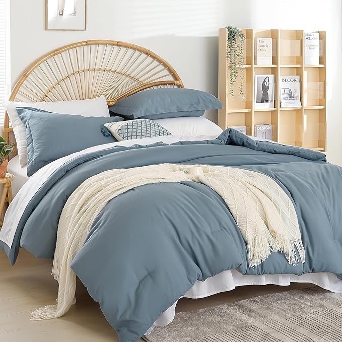weigelia King Comforter Set Dusty Blue Bedding Comforter with 2 Pillowcases 7 Pieces Blue Color King Comforter Bedding Set for Women and Men King Bed Comforters Set Soft All Season