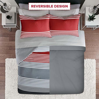 Comfort Spaces Twin XL Comforter Sets with Sheets - Bed in a Bag 6 Pieces Teen Bedding Sets, Red and Grey Stripes Bedding Twin XL, College Twin XL Bed Set with 2 Side Pockets Bedroom Organizer