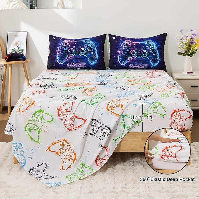 A Nice Night 5Pcs Gaming Comforter Set,Blue Purple 3D Game Contoller Themed Printing Bedding Sets for Kids Teen Boys, Reversible Comforter for All Seasons,Twin