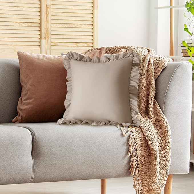 KKJIAF Ruffle Pillow Cases 26x26 Inches, Khaki Square Ruffled Pillow Covers Set of 2, Microfiber Wrinkle Resistant Pillow Shams with Envelope Closure for Sofa Bed Living Room