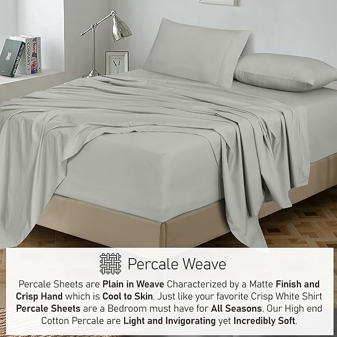 RUVANTI 100% Cotton Sheets – King Size Percale Bedding, Cooling & Breathable, Durable with a Crisp, Soft & Comfortable Feel, 16" Deep Pocket, 4-Piece Set, Silver