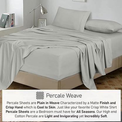RUVANTI 100% Cotton Sheets – King Size Percale Bedding, Cooling & Breathable, Durable with a Crisp, Soft & Comfortable Feel, 16" Deep Pocket, 4-Piece Set, Silver
