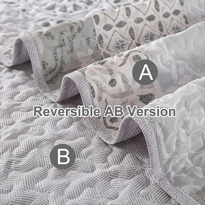 Dobuyly King Size Quilt Set Boho Grey Beige Plaid Patchwork Bedspreads Coverlet Set, 3 Pieces Reversible Lightweight Microfiber Neutral Quilt Bedding Set for All Seasons 110"x90"