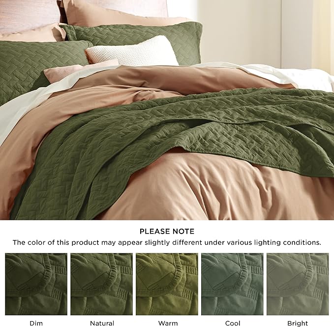 Bedsure Quilts Queen Size - Lightweight Bedspreads Queen Size with Basket Weave Pattern, Soft Quilt Bedding Set, Olive Green Comforter Set Coverlet for All Seasons with 2 Pillow Shams (90" x 96") | Skin-Friendly Soft, All-Season Comfort, Breathable, Li...