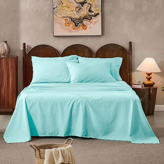 100% Linen Sheets Queen Size,Breathable & Durable 4-Piece Bed Flax Sheet Set,Soft All-Season Bedding for Hot Sleepers 16" Deep Pocket Oeko-TEX Certified,（Queen, Light Blue）