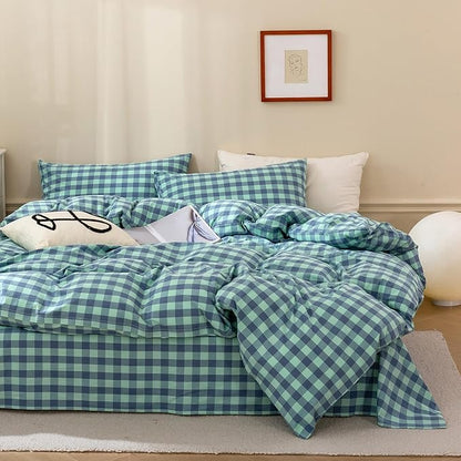 VM VOUGEMARKET Green Gingham Comforter Set Queen,Plaid Comforter with 2 Pillowcases for All Seasons,3 Pcs Modern Simple Grid Bedding Set for Men Women