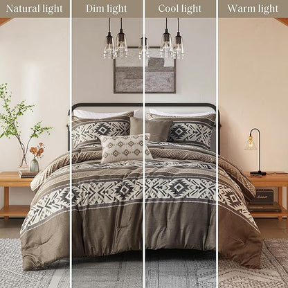 Madison Park Queen Comforter Set, Stripes Herringbone Southwestern Boho Comforters Queen Size, All Season Lightweight & Fluffy Microfiber Bed Set, 2 Décor Pillows, Mariposa, Full/Queen Brown 5 Piece