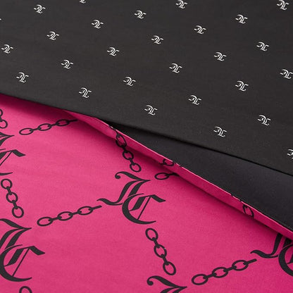 Juicy Couture Hot Pink/Black Link Logo Printed Comforter Set, Twin – Complete 6-Piece Bed in a Bag Collection
