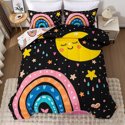 Btargot Lightweight Soft 3 Piece Rainbow Comforter Set with 2 Pillow Covers, Cartoon Love Hearts Flowers and Sun Moon Star Bedding Set for Girls Boys Kids, Twin Black