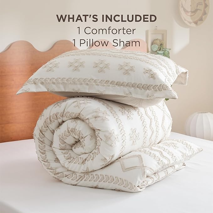 Bedsure Tufted Boho Comforter Set Queen Size - Beige Boho Bed Set, GentleSoft™ 3 Pieces Farmhouse Shabby Chic, Home Decor Bedding, Gifts for Woman, Soft Jacquard Queen Comforter for All Seasons