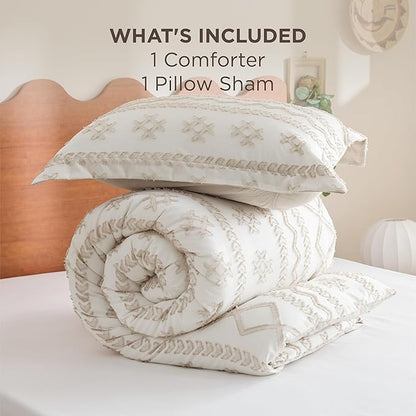 Bedsure Tufted Boho Comforter Set Queen Size - Beige Boho Bed Set, GentleSoft™ 3 Pieces Farmhouse Shabby Chic, Home Decor Bedding, Gifts for Woman, Soft Jacquard Queen Comforter for All Seasons